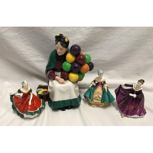 373 - Royal Doulton figures, The Balloon Seller HN1315, 19cms h and three signature edition Peggy Davies d... 