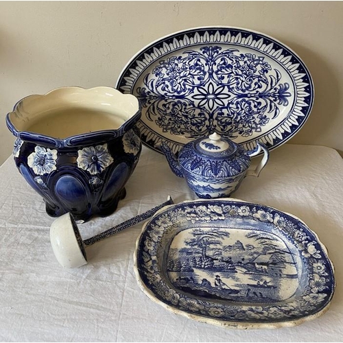 378 - Blue and white pottery to include a jardiniere, 1 meat plate 44.5 x 32.5cms. 19thC ladle 25cms l, 19... 