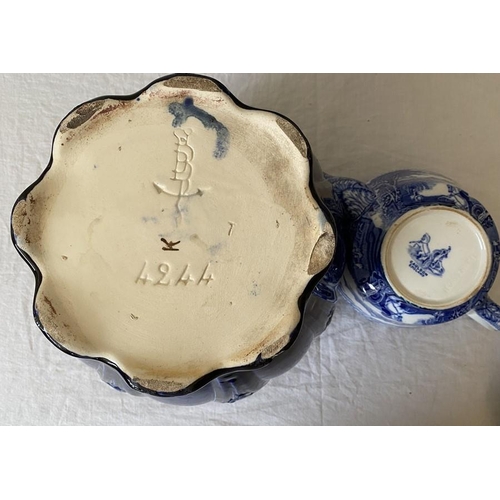 378 - Blue and white pottery to include a jardiniere, 1 meat plate 44.5 x 32.5cms. 19thC ladle 25cms l, 19... 