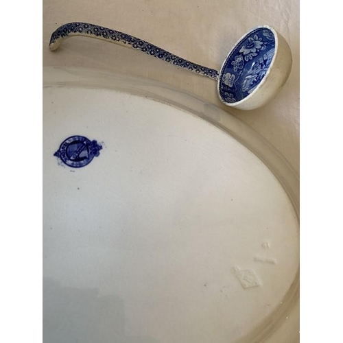 378 - Blue and white pottery to include a jardiniere, 1 meat plate 44.5 x 32.5cms. 19thC ladle 25cms l, 19... 