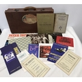 Assorted lot, small leather suitcase, Lp's inc Churchill Peter Ustinov, selection of theatre program... 
