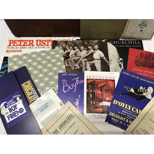 38 - Assorted lot, small leather suitcase, Lp's inc Churchill Peter Ustinov, selection of theatre program... 