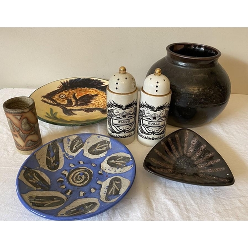 380 - Collection of studio pottery to include a Torquil pottery vase, 11cms h, a triangular dish marked wi... 