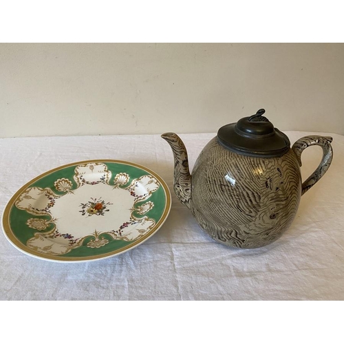 381 - A 19thC pewter lidded teapot and a 19thC Chamberlains Worcester plate.