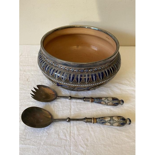 382 - Doulton Lambeth 1881 salad bowl and servers marked EDL, Edith D Lupton plus other marks.