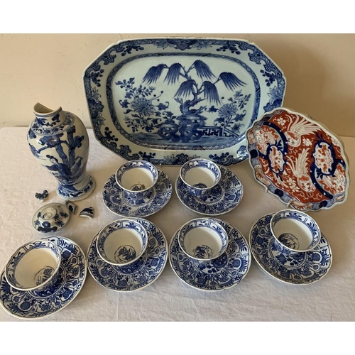 384 - Oriental ceramics to include 18thC Chinese blue and white plate, 34 x 25cms, 19thC Japanese Imari pl... 