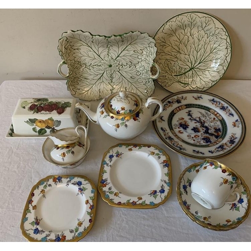 385 - Ceramics including two 19thC Wedgwood plates, Portmeirion butter dish, Tuscan China part tea service... 