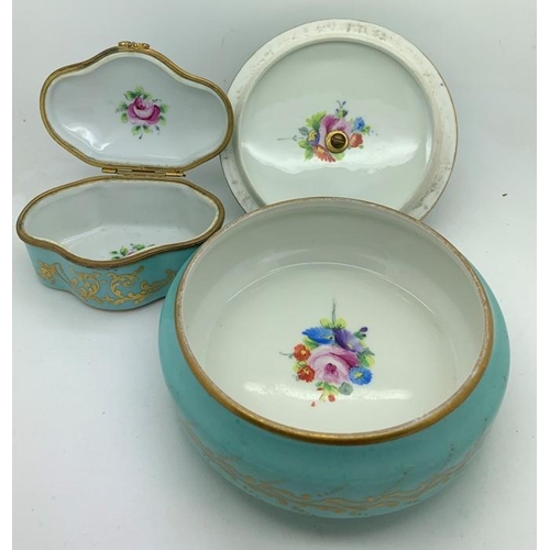 387 - Two French dressing table items by Limoges. One circular powder bowl, 13cms d, the other a small tri... 