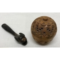 Victorian carved coquilla nut treen Pomander, 4.5 w x 5cms h together with a carved horn cheroot wit... 