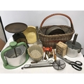 Kitchenware, wicker basket, green enamel meat press, small stoneware mixing bowl 24cms w, Hughes sca... 