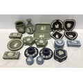 Collection of Wedgwood blue, green and black jasperware, vases 10cm and 12.5cms h, pin and ash trays... 