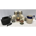 Pottery selection to include pair of reproduction Staffordshire dogs, early Staffordshire house mone... 