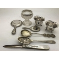 Various silver and silver plate to include two salts, 1 cut glass salt with silver rim, 2 small mirr... 