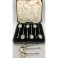 Boxed silver coffee spoons, Birmingham 1933, two salt spoons and a mustard spoon. 60.3gms total weig... 
