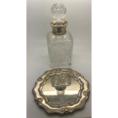 62 - Cut glass decanter, 16.5cms h with silver neck Birmingham 1991 together with hallmarked silver plate... 