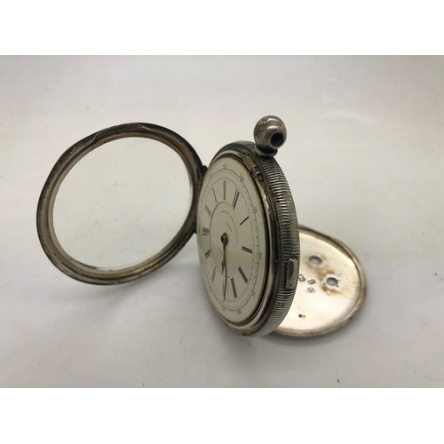 64 - Silver chronograph key wind pocket watch, white enamel face 32749, black Roman numerals. Thomas Hill... 