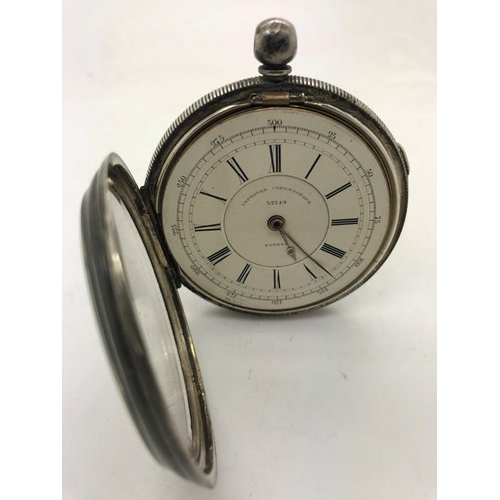 64 - Silver chronograph key wind pocket watch, white enamel face 32749, black Roman numerals. Thomas Hill... 