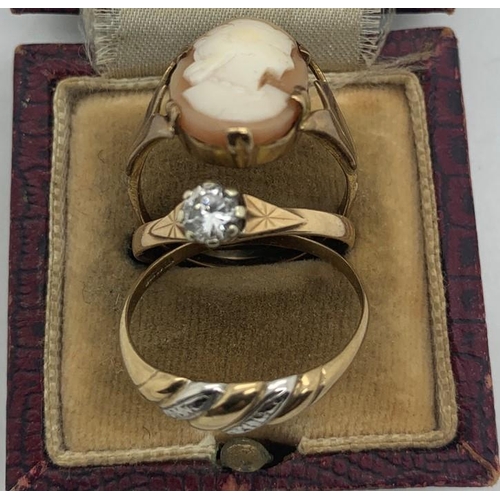 68 - Three 9ct gold dress rings, including shell cameo, single stone (paste) 5.7gms total. Sizes, Cameo M... 