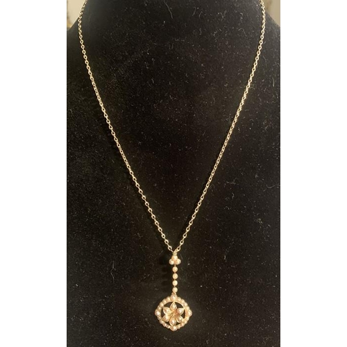 688 - Seed pearl pendant set in 15ct gold on a 9ct gold chain. 5.8gms total weight. 44cms l.