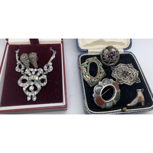 705 - Various mainly white metal jewellery to include pickle fork, brooch, filigree brooch set with 5 red ... 