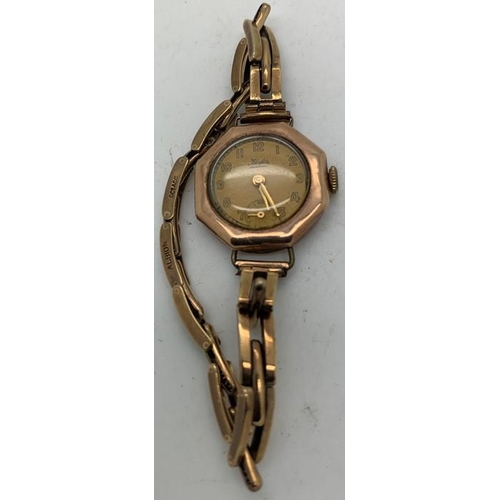 714 - Ladies 9ct gold cased ladies wristwatch on an expanding bracelet, marked 9ct ACC. Total weight 20.4g... 