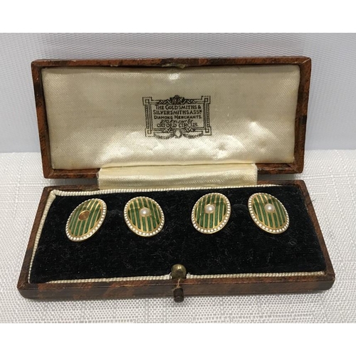 719 - Cased pair of gents 18ct gold cufflinks with green and white enamel set with pearl. 9.9gms.