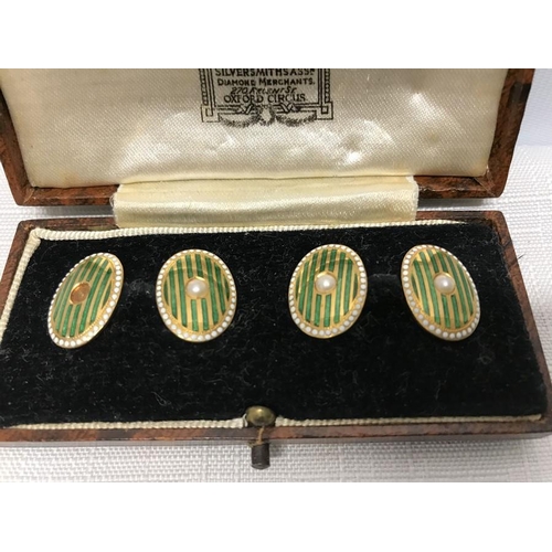 719 - Cased pair of gents 18ct gold cufflinks with green and white enamel set with pearl. 9.9gms.