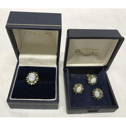 721 - Hallmarked 9ct gold ring and matching set of three stud earrings set with opal surrounded by diamond... 