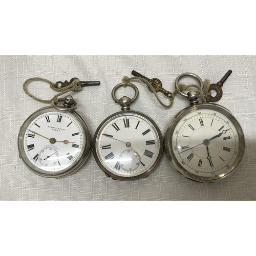 732 - Three silver cased pocket watches, one Harris Stone of Leeds, hallmarked London 1942, 5cms w. 117gms... 