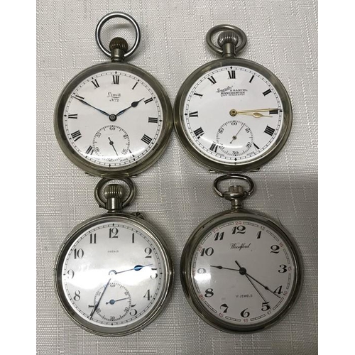 735 - Collection of four chrome cased pocket watches, keyless wind. Everite 5cms w, Limit Number 2, 5cms w... 