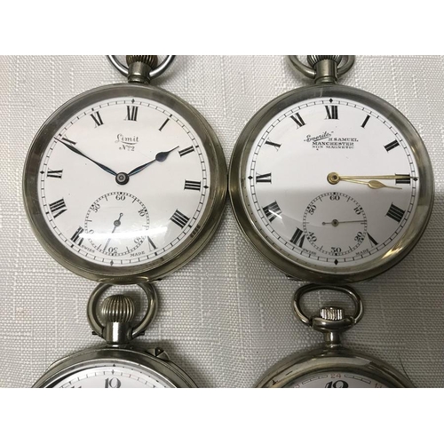 735 - Collection of four chrome cased pocket watches, keyless wind. Everite 5cms w, Limit Number 2, 5cms w... 