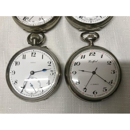 735 - Collection of four chrome cased pocket watches, keyless wind. Everite 5cms w, Limit Number 2, 5cms w... 