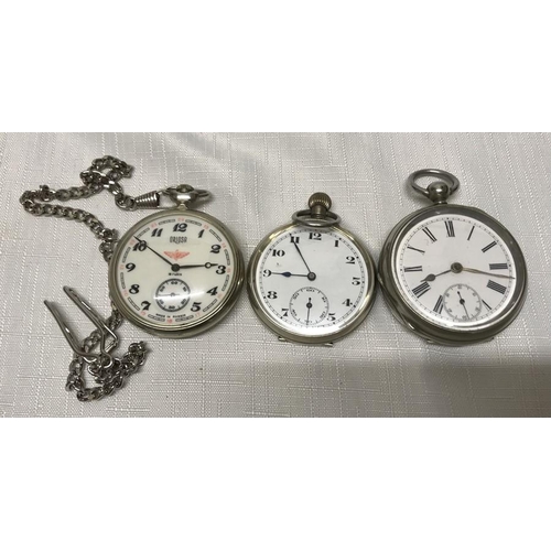 736 - Three pocket watches, chrome cased, G W L key wound, no key, 5cms w, one ORIOSA Russian watch with t... 