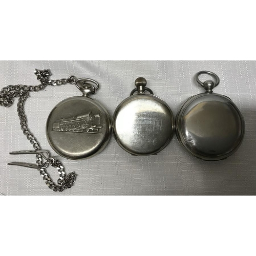 736 - Three pocket watches, chrome cased, G W L key wound, no key, 5cms w, one ORIOSA Russian watch with t... 