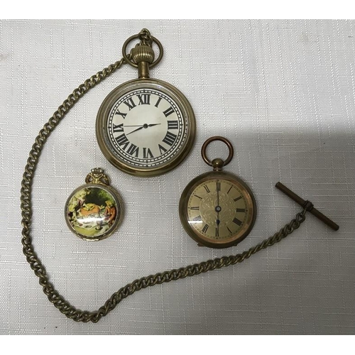 737 - Three brass cased pocket watches. one D W C, Meltis ladies pocket watch 4cmw, one ladies fob watch R... 