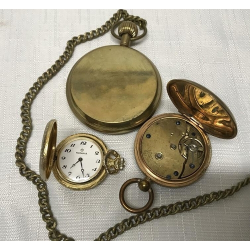 737 - Three brass cased pocket watches. one D W C, Meltis ladies pocket watch 4cmw, one ladies fob watch R... 