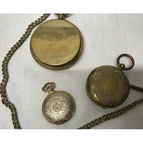 737 - Three brass cased pocket watches. one D W C, Meltis ladies pocket watch 4cmw, one ladies fob watch R... 