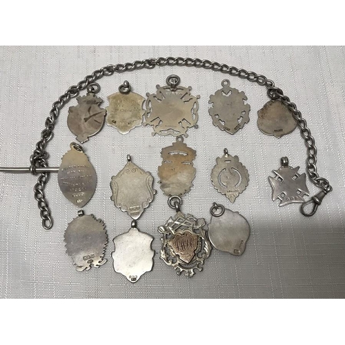 738 - Collection of fourteen silver fob pendants and one silver pocket watch chain A.S Birmingham 1916, 35... 