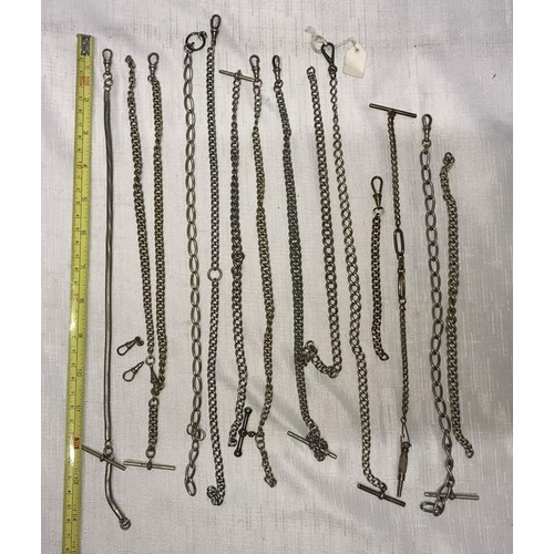 739 - Thirteen silver plate and brass pocket watch chains with claws and some T bars, longest 38cms l.