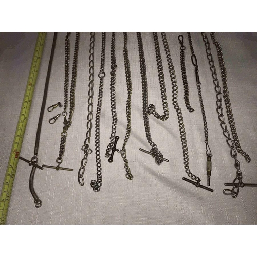 739 - Thirteen silver plate and brass pocket watch chains with claws and some T bars, longest 38cms l.