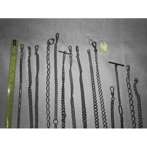 739 - Thirteen silver plate and brass pocket watch chains with claws and some T bars, longest 38cms l.