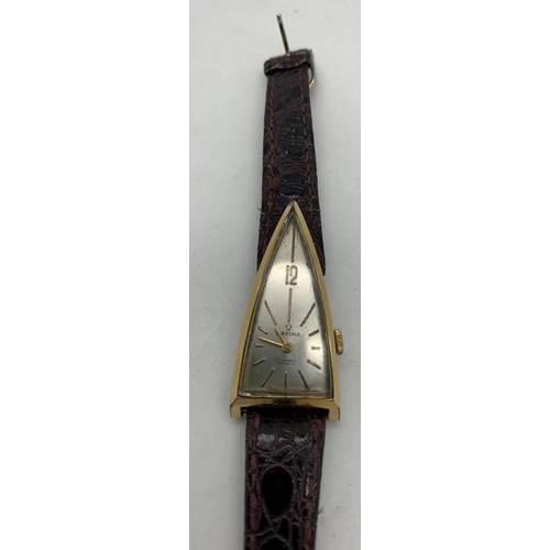 750 - A lady's triangular wristwatch Orfina 17 jewel Incabloc with leather strap, swiss made.