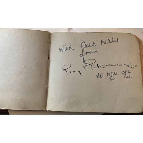 A mid 20thC autograph book collected by Joan Richardson AKA Joan Peters, singer and actress, signed by many prominent military and entertainment figures of the time to include Guy Gibson, Jack Leggo, Air Marshall Sir Harold Brownlow-Morgan, Leonard Sumpter and others of the Dam Busters, entertainment figures to include Dickie Valentine, Laurel and Hardy and numerous from various walks of life to include Fred Perry, George Brough, Gordon Steele VC, Jack Vivian, squadron leader of Bomber Command. Full list in the condition report. 120 approx.