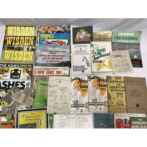 766 - Collection of cricket programmes and magazines, signed photos, MCC South Africa 1956, signed paper w... 