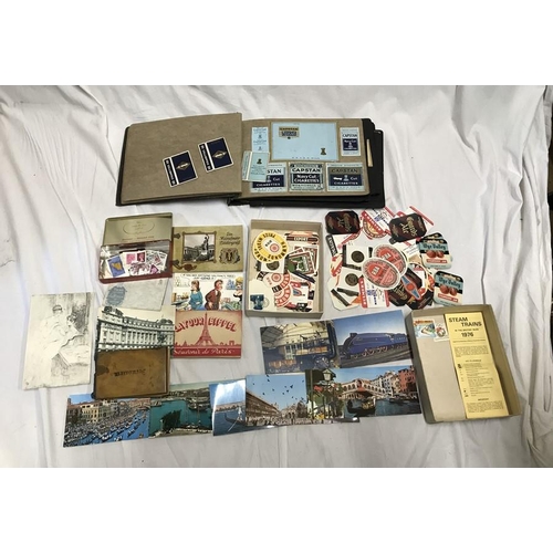 769 - Album of cigarette packets, collection of beer bottle labels, stamps and European postcards.