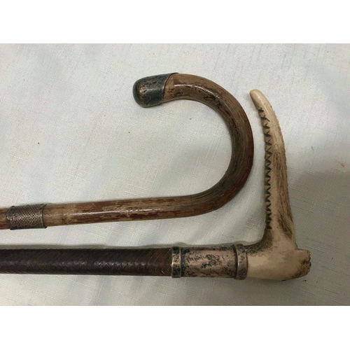 782 - Carved horn handled riding crop with silver collar and rope twist leather shaft. Initialled S.W.H. m... 