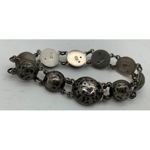 79 - Russian silver Niello decorated bracelet, maker Andrei Karlovich Adler, each section fully marked.