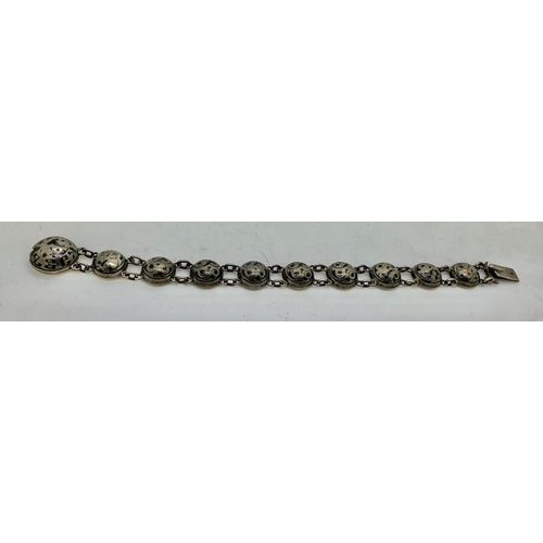 79 - Russian silver Niello decorated bracelet, maker Andrei Karlovich Adler, each section fully marked.