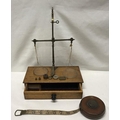 Brass set of balance scales with oak drawer base, label to the back for A Franks Ltd Opticians, 33cm... 