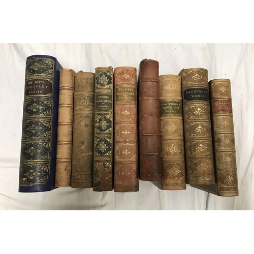 801 - Selection of 8 leather bound gilded college books and one other hardback book. Poetry and Fiction. S... 